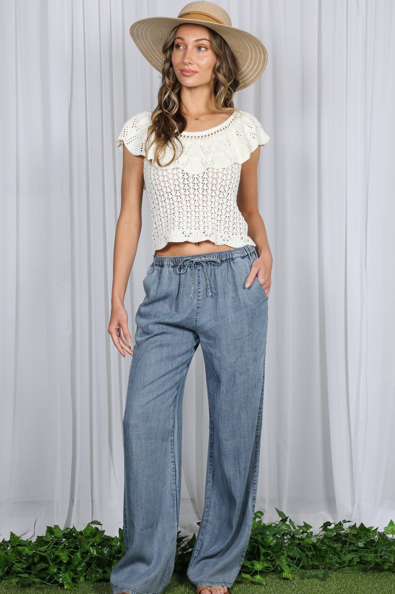 Casual Flowy Wide Leg Tencel Chambray Washed Pants