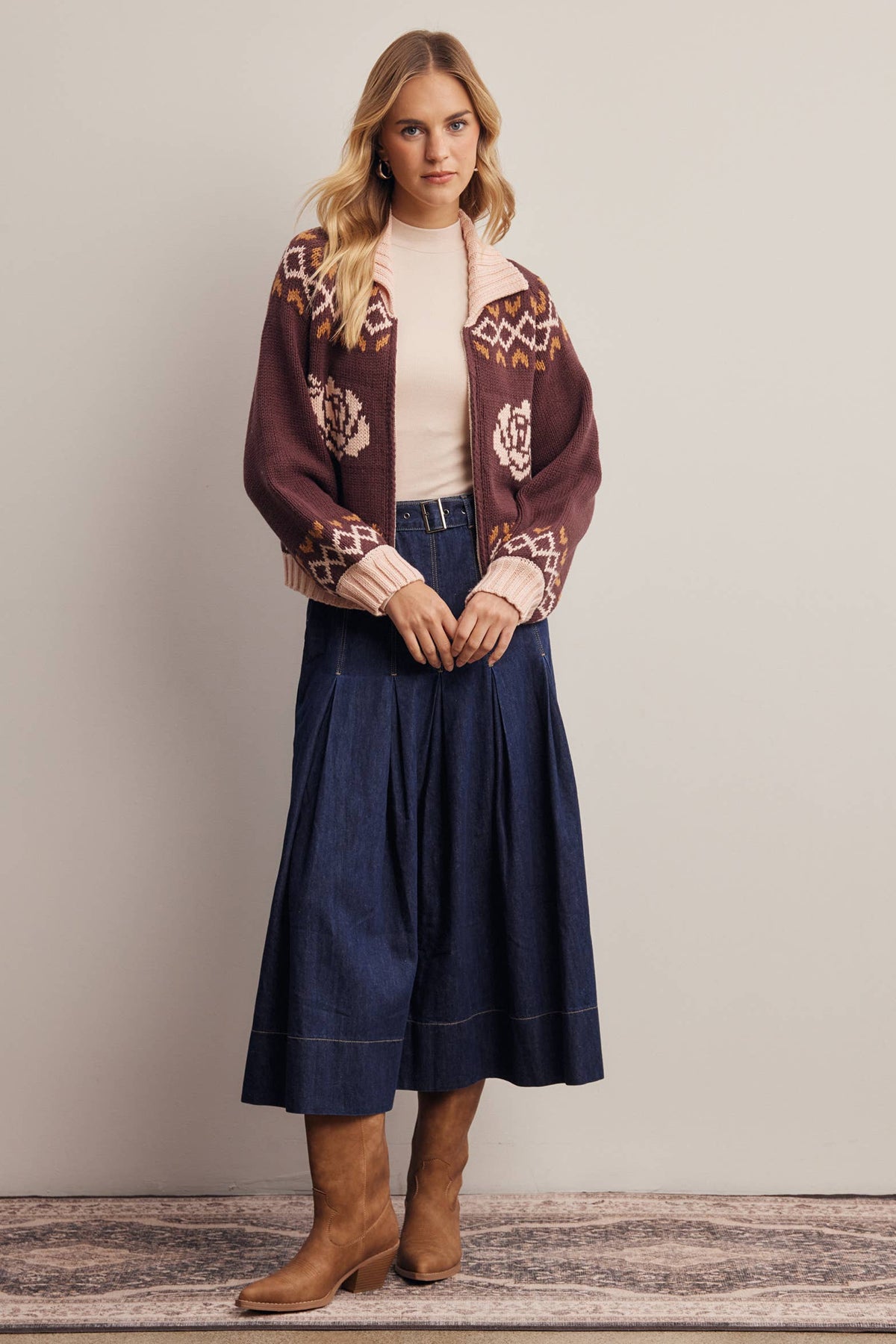 Floral Fair Isle Zip-Up Knit Cardigan