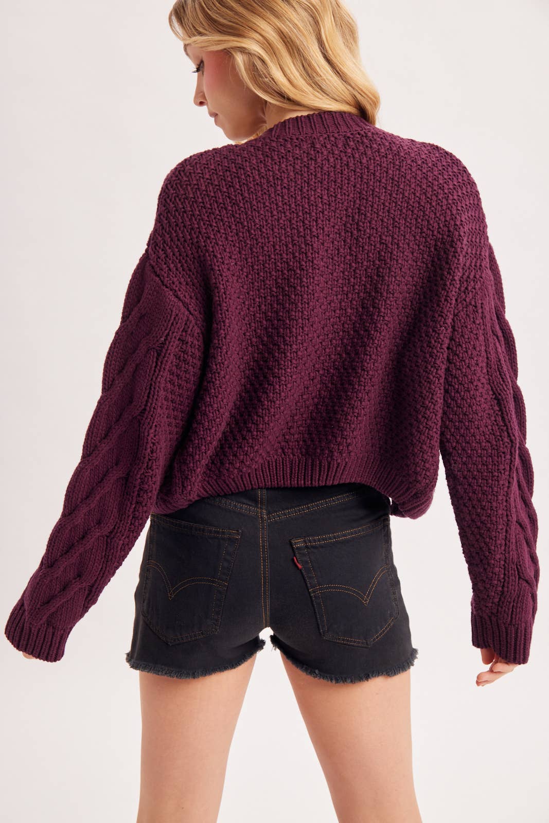 Wine Button Front Cropped Cable Knit Sweater, Cardigan