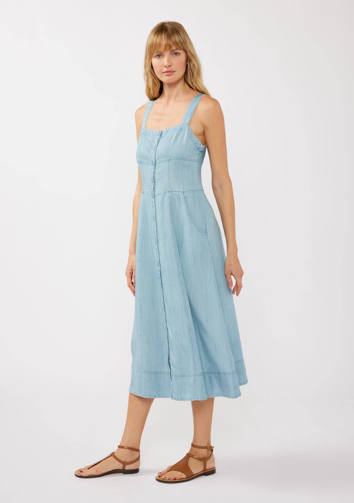 Square Neck Button Down Corset Midi Dress