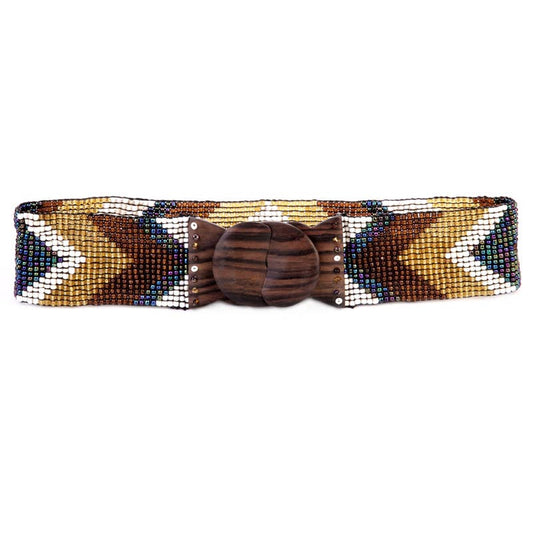 Hand loomed glass bead belt wood scroll arrow antique cream 