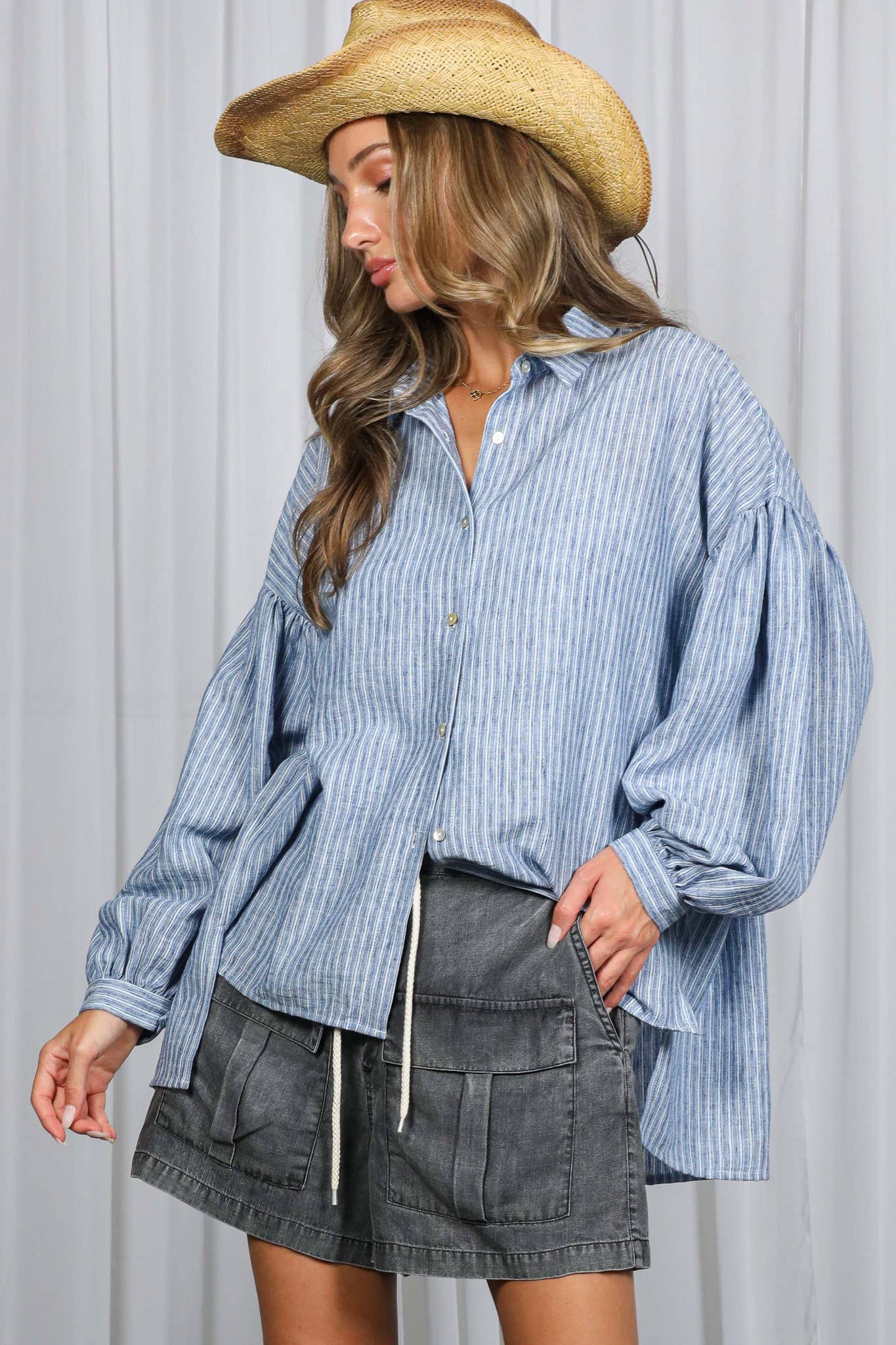Stripe Print Long Balloon Sleeve Oversized Shirt