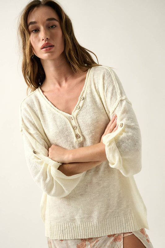 Lightweight Knit Oversized Roll-Up Henley Sweater 