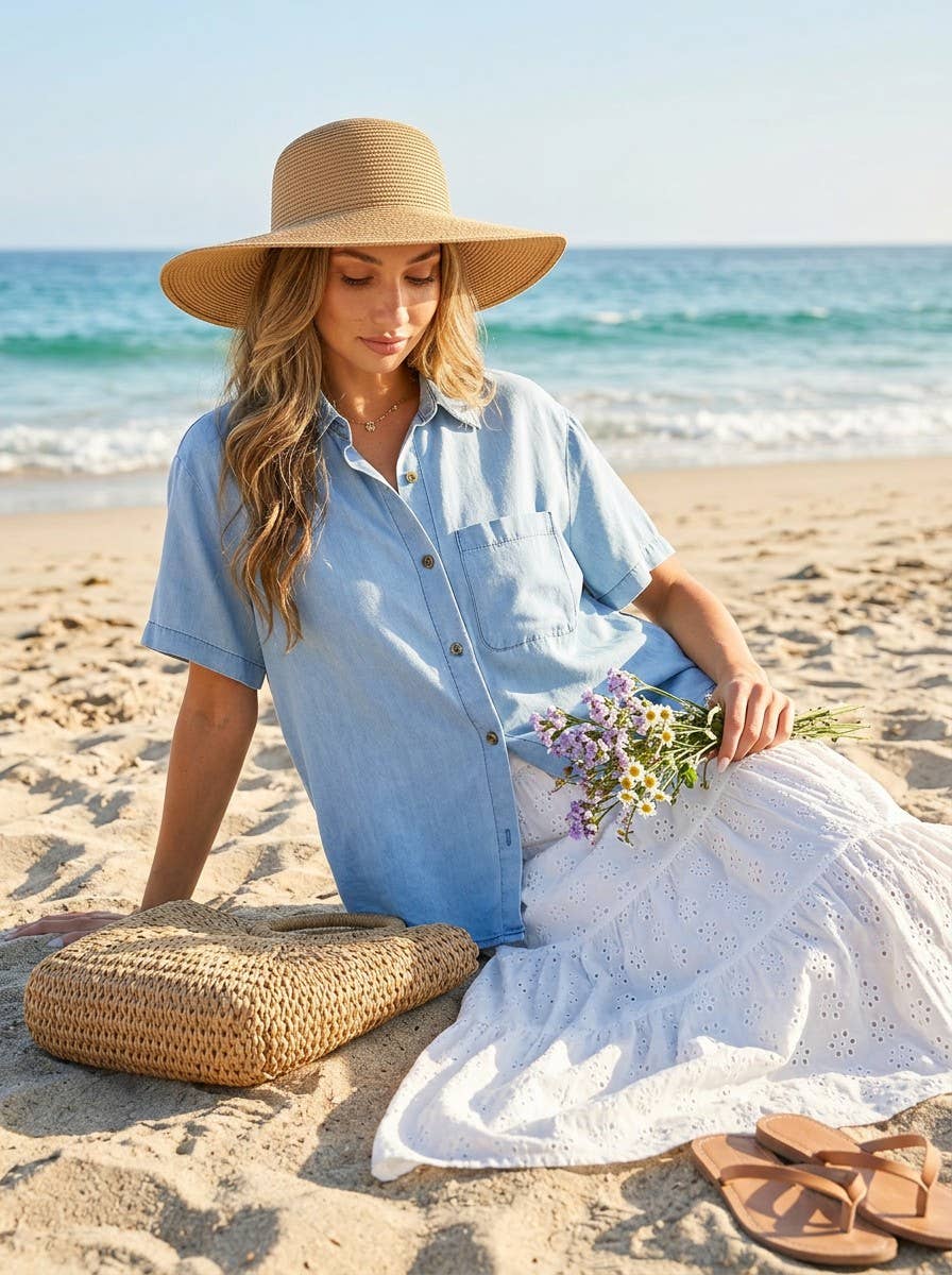 Collared Short Sleeve 100% Tencel Chambray Shirt