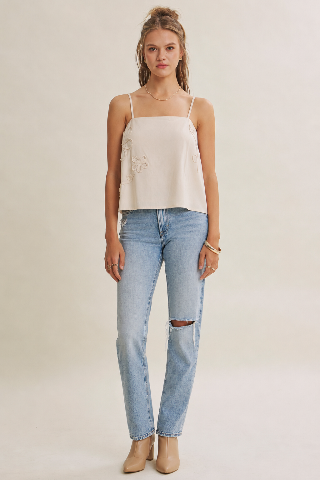 Luxury Linen Floral Applique Tank Top