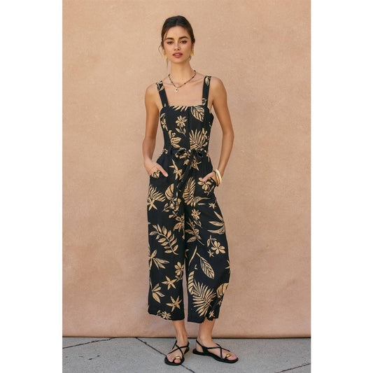 Tropical Print Square Neck Cropped Jumpsuit