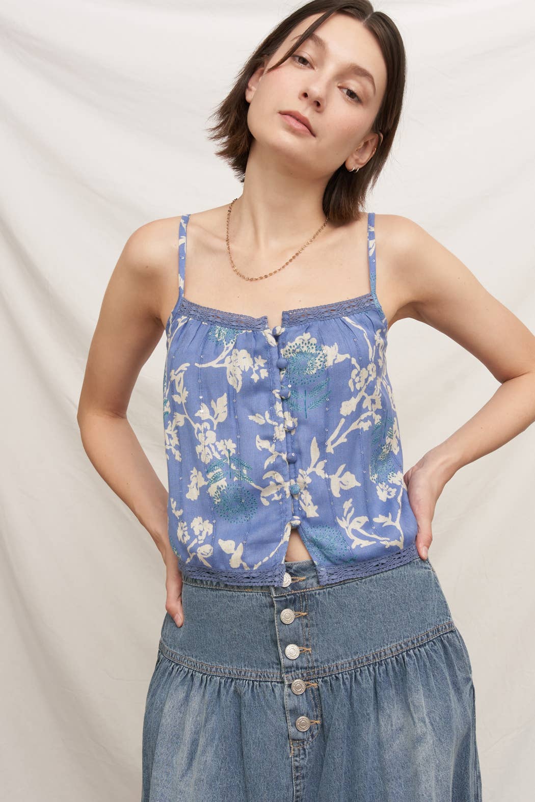 Printed Cami Top with Lace Trim and Sequin Detail