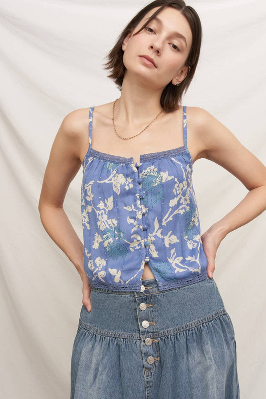 Printed Cami Top with Lace Trim and Sequin Detail