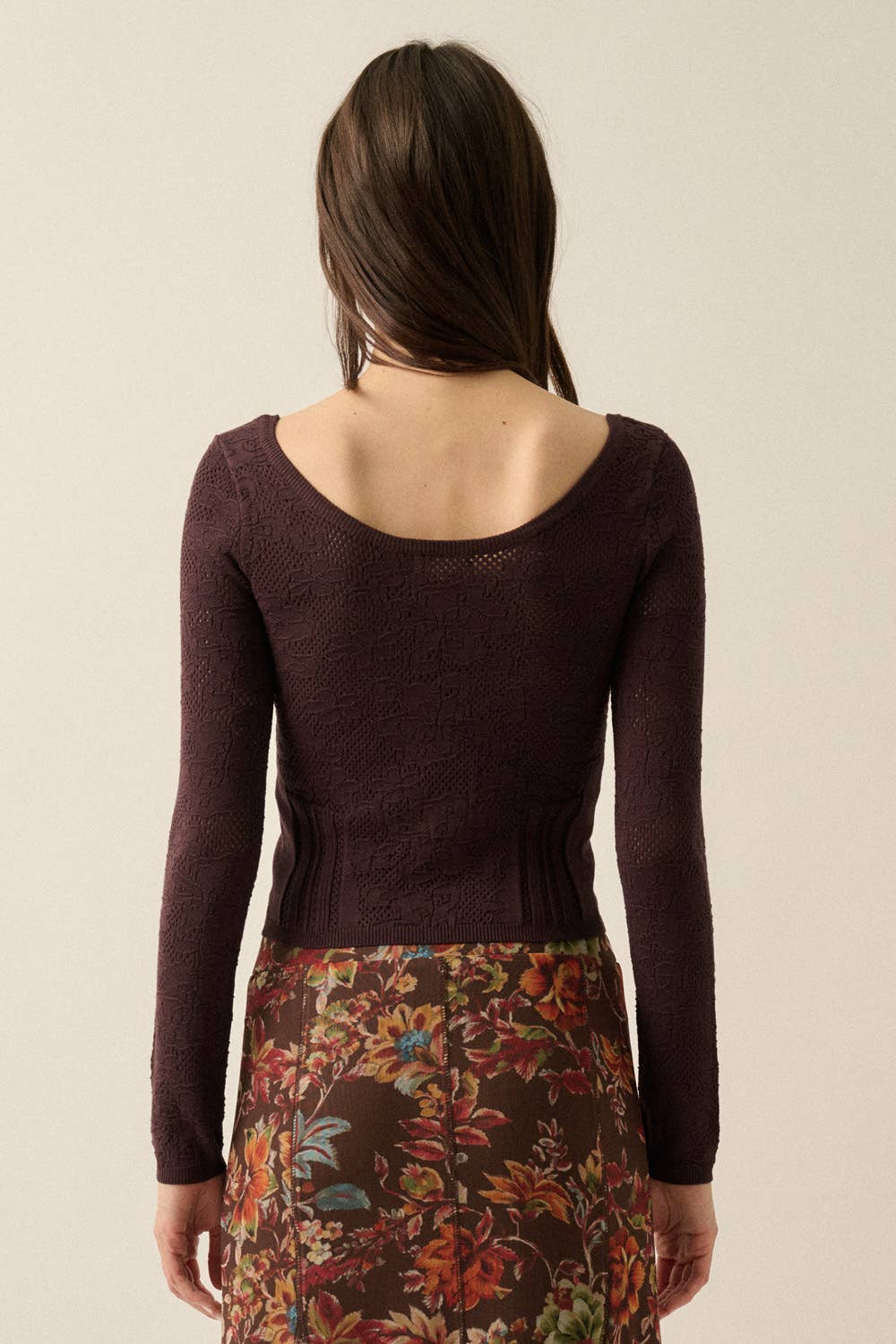 Floral Pointelle and Ribbed Knit Fitted Long-Sleeve Top: Chocolate / L