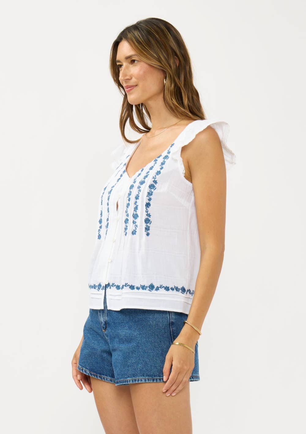 Ruffle Sleeve Embroidered Pintuck Top