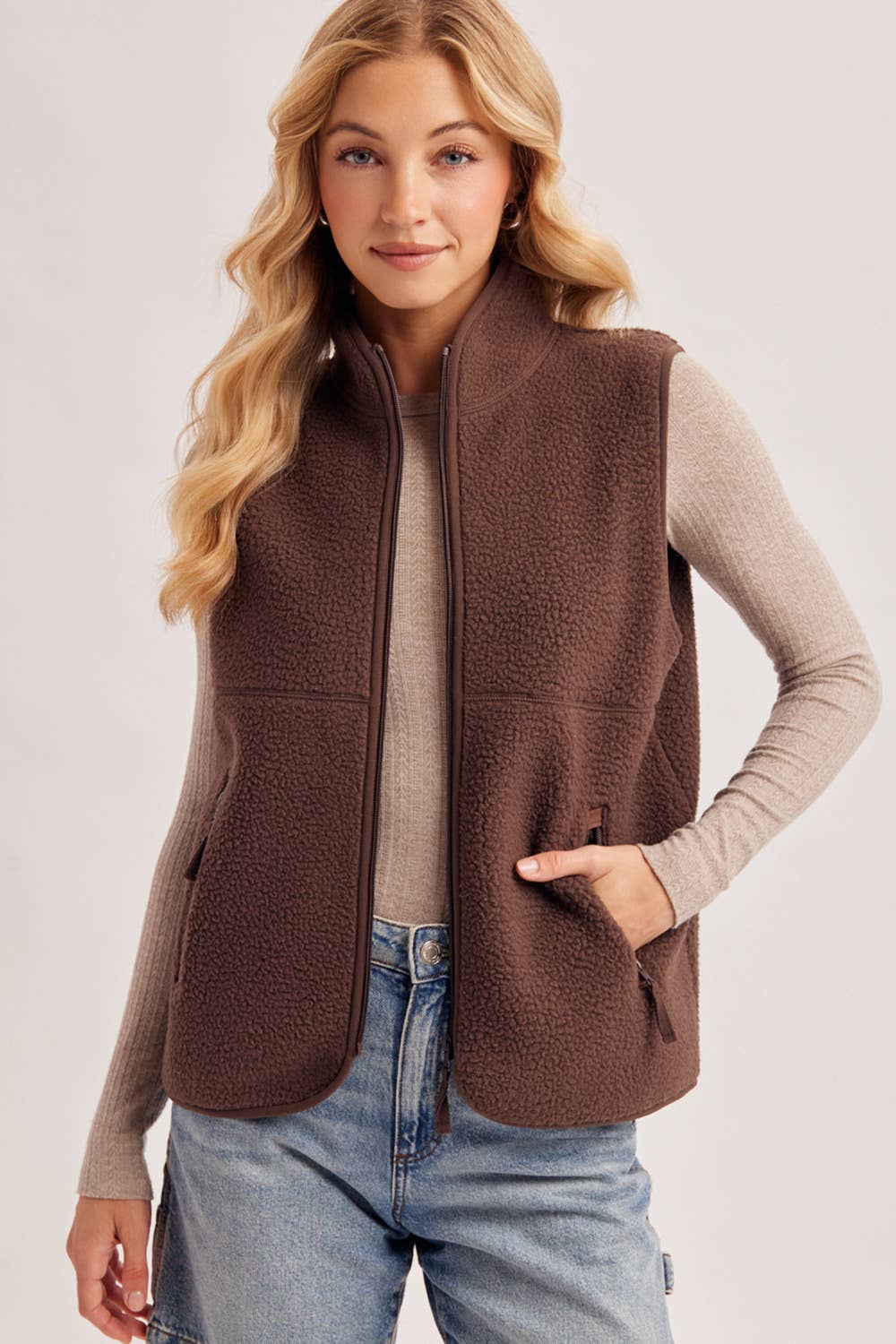 Sherpa Fleece Zipper Fron Opening, Mock Neck Vest