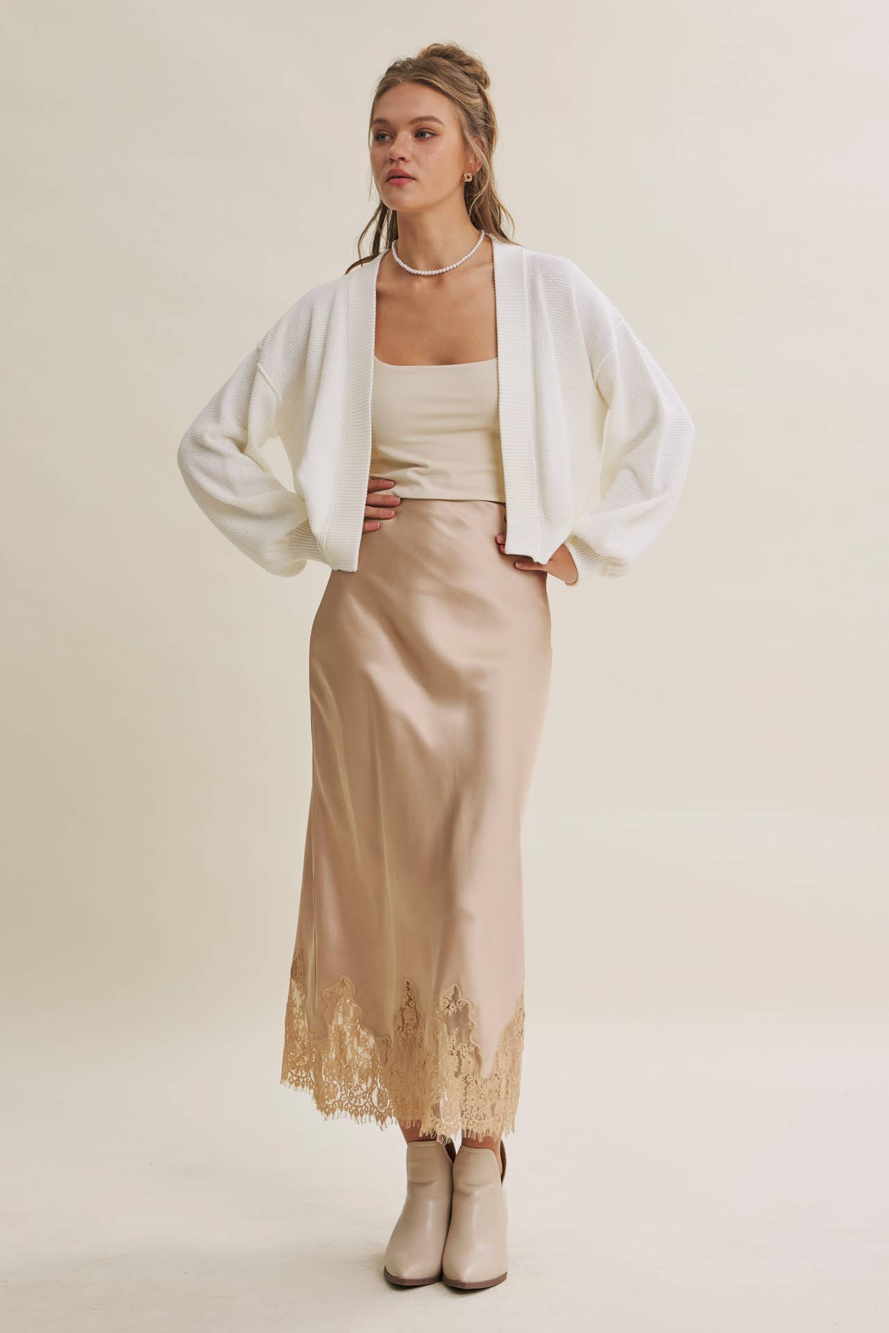Elegant French Lace Satin Midi Skirt