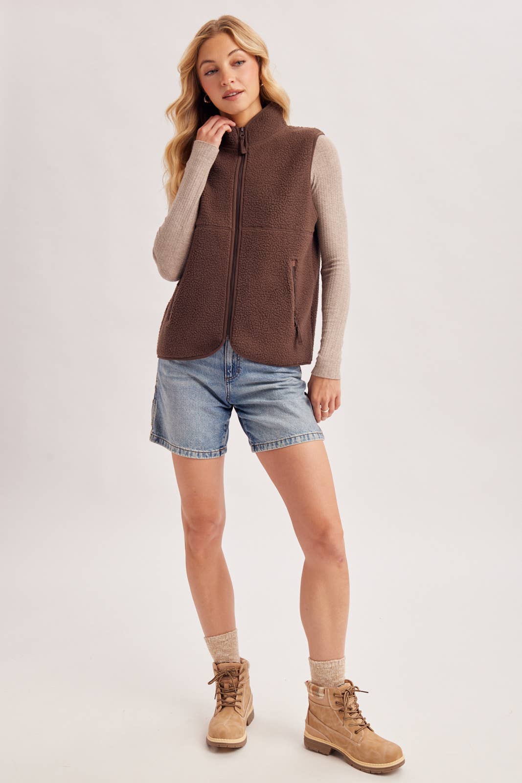 Sherpa Fleece Zipper Fron Opening, Mock Neck Vest