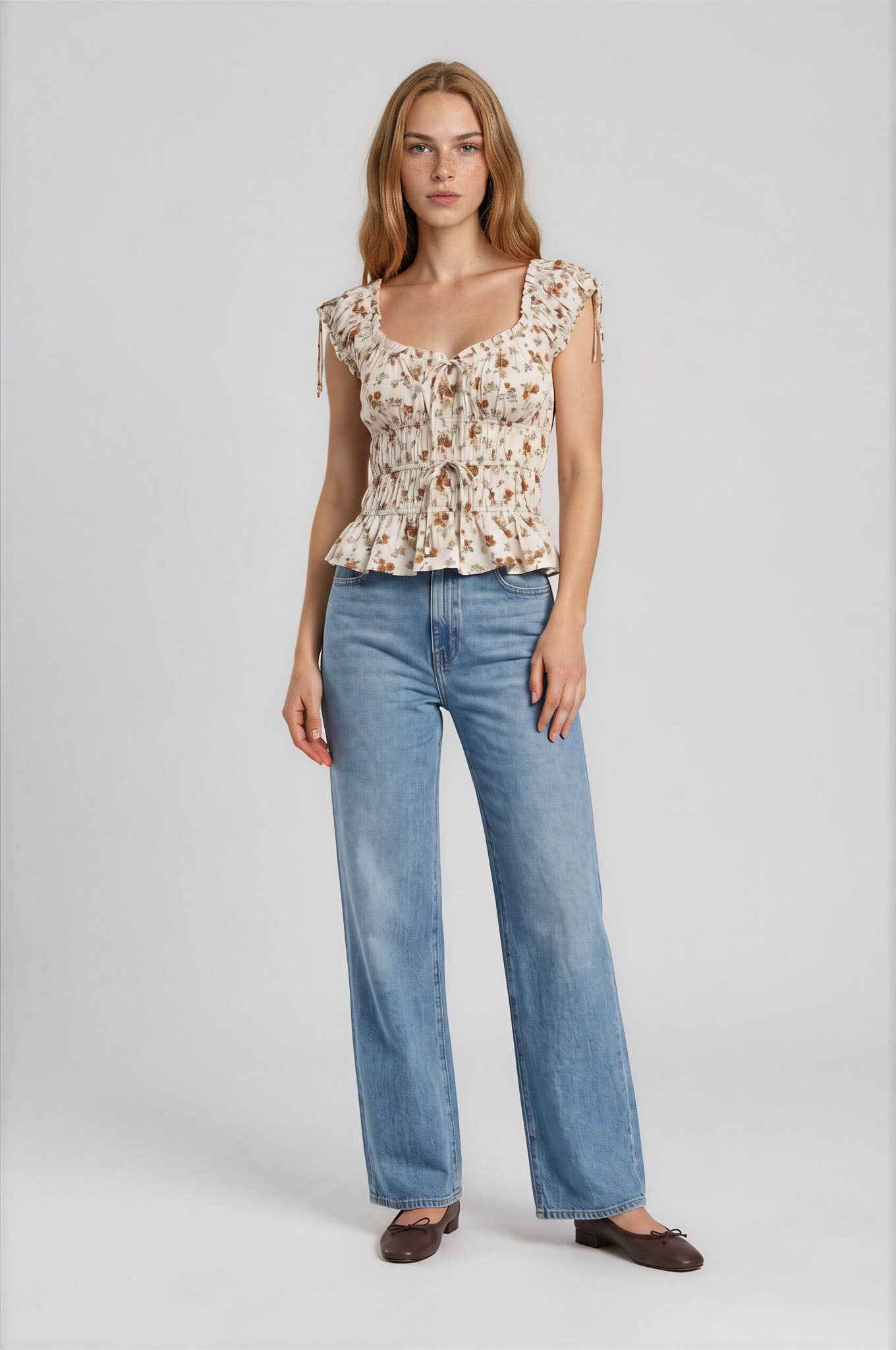 Floral Shirred Waist Ruffled Top