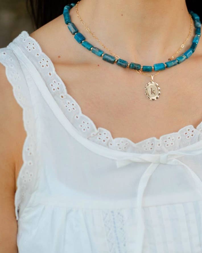 Pacific Blue Apatite Gemstone Beaded Necklace Gold Filled