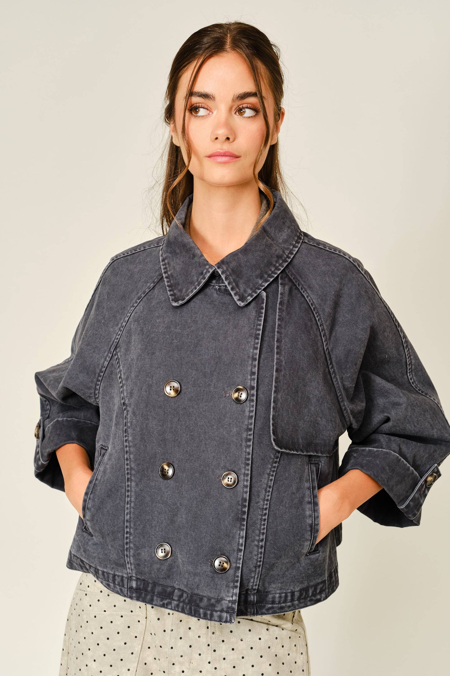 Washed Denim Kimono Sleeve Jacket