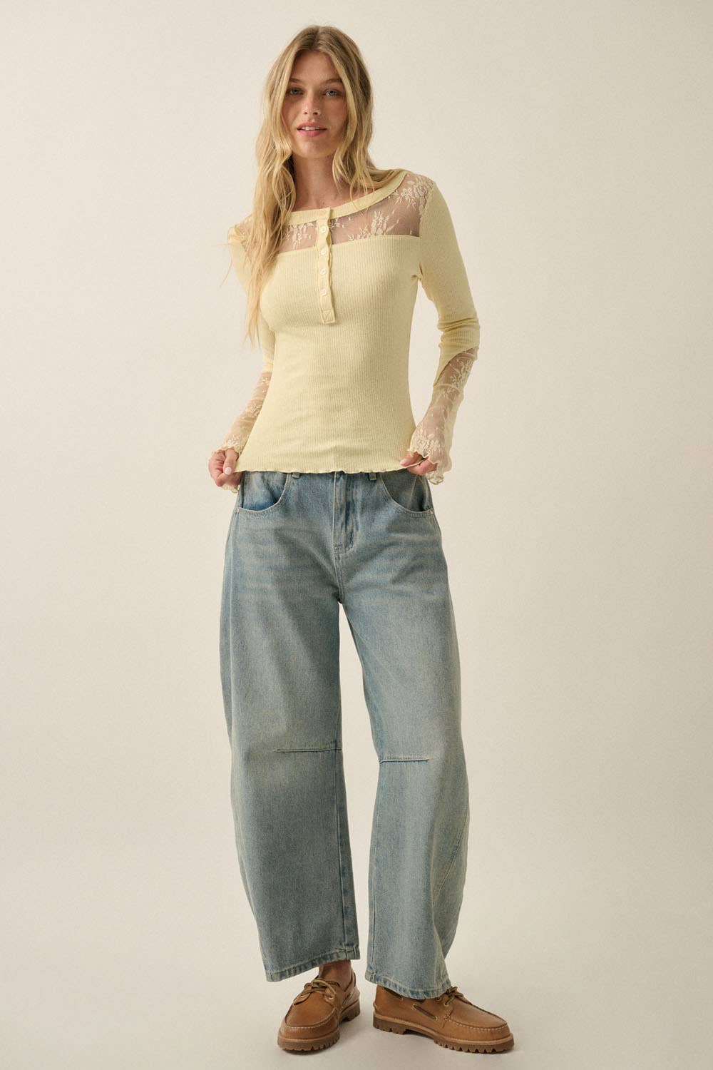 Ribbed Knit and Lace Long-Sleeve Split-Cuff Henley Top