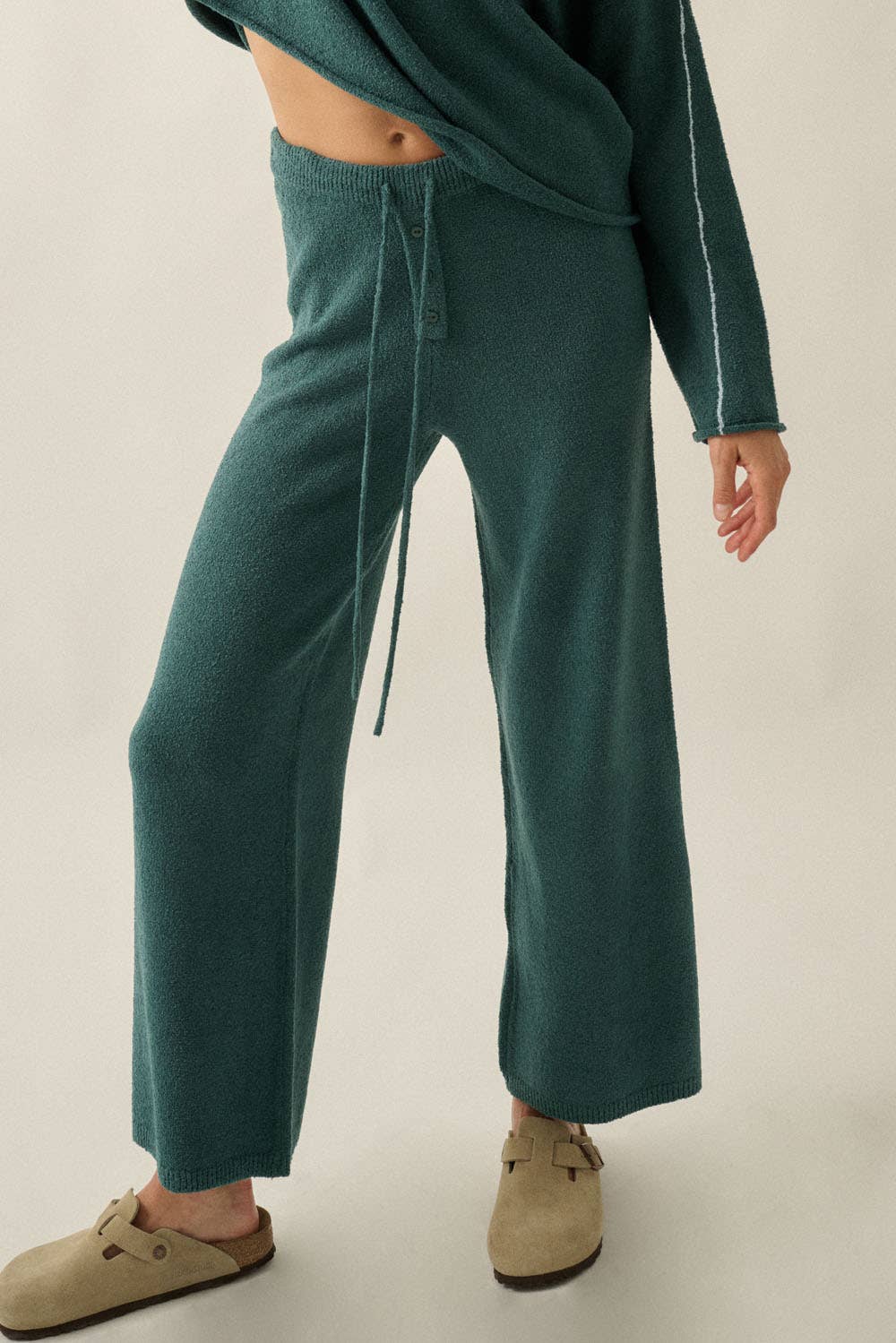 Textured Knit Split-Hem Drawstring Sweater Pants