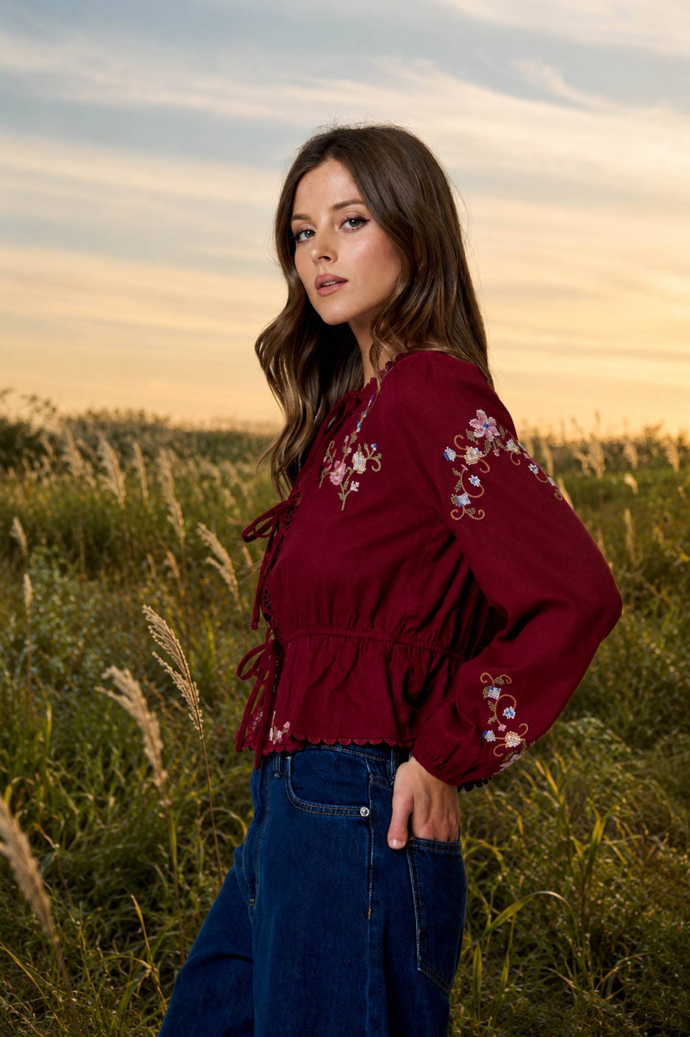 Crochet Lace Trim Embroidered Top
