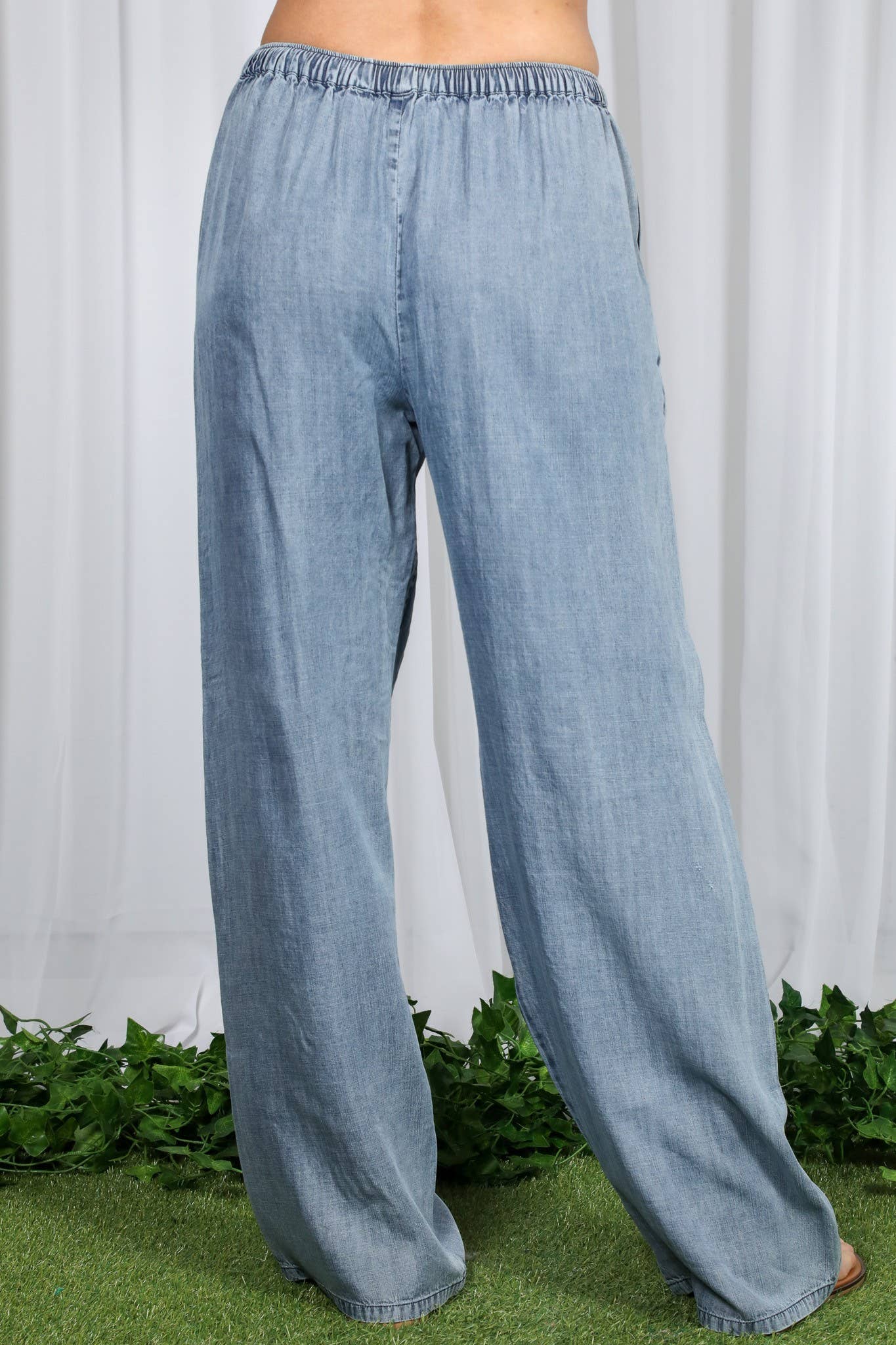 Casual Flowy Wide Leg Tencel Chambray Washed Pants