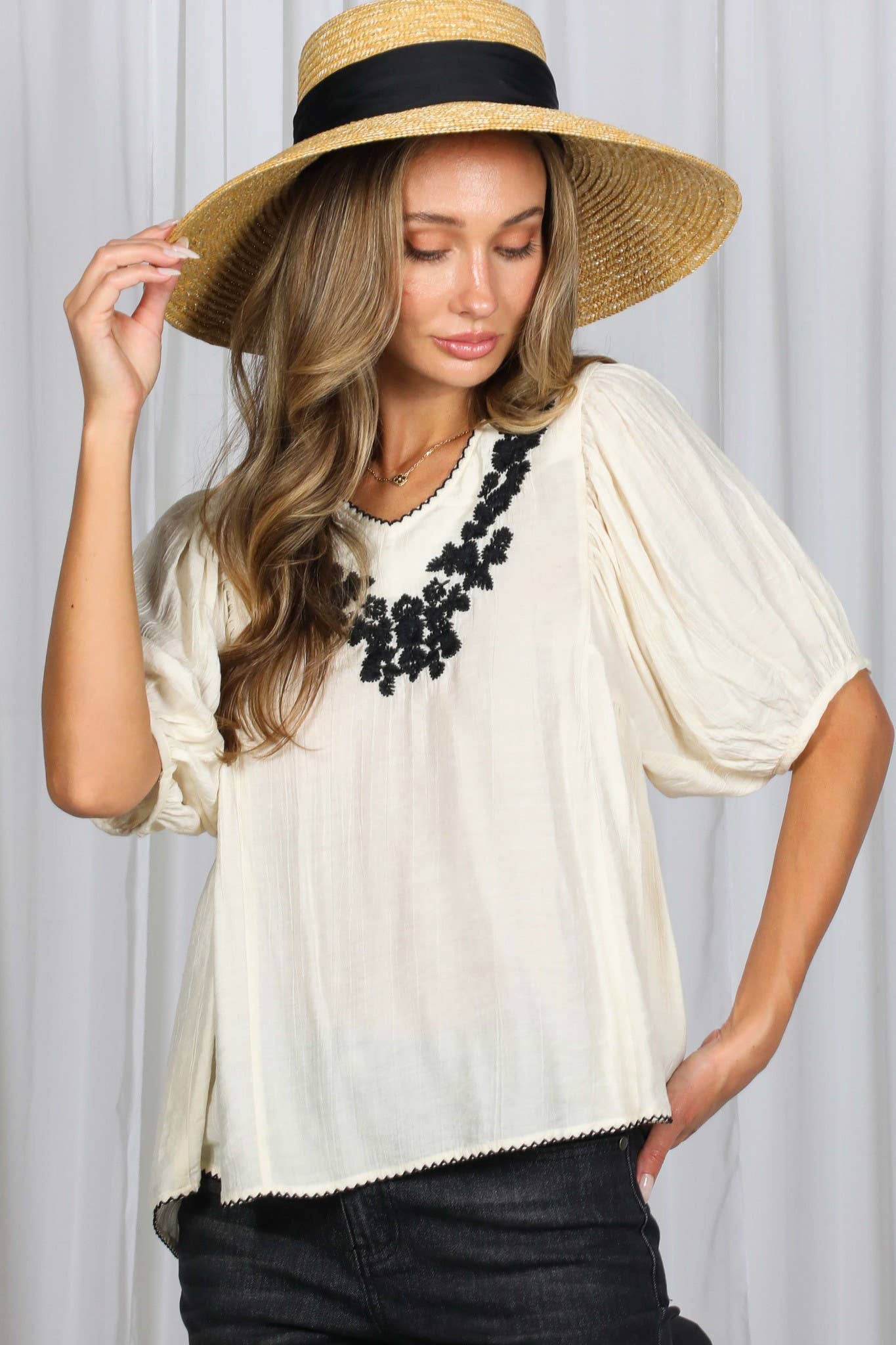 Boho Inspired V-Neck Floral Embellished Accent Top
