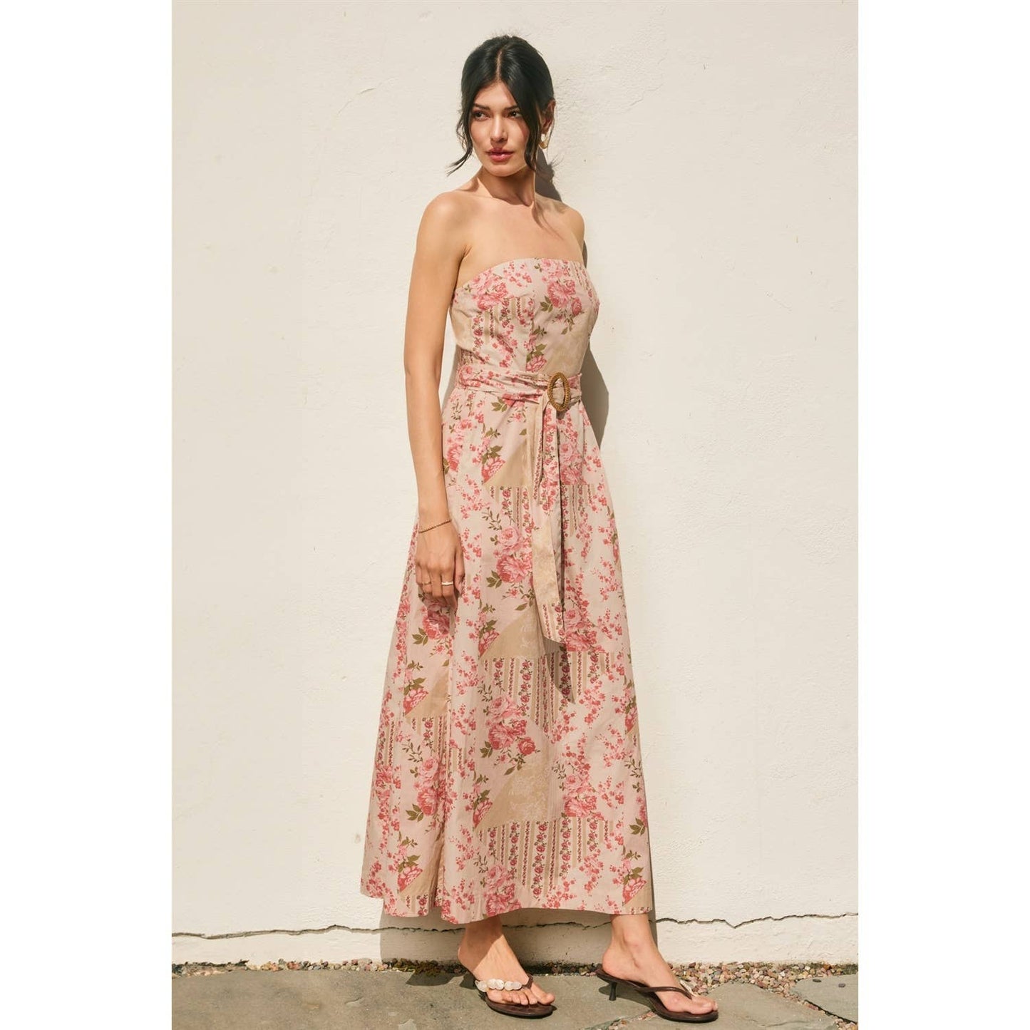 Floral Scarf Rattan Belt Strapless Maxi Dress