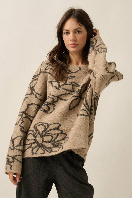 Floral Jacquard-Knit Drop-Shoulder Loose-Fit Sweater
