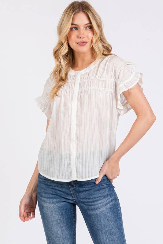 Short Sleeve Ruffled Button Down Top
