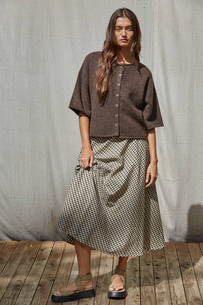Woven Cotton Polyester Gingham Flare Midi Skirt