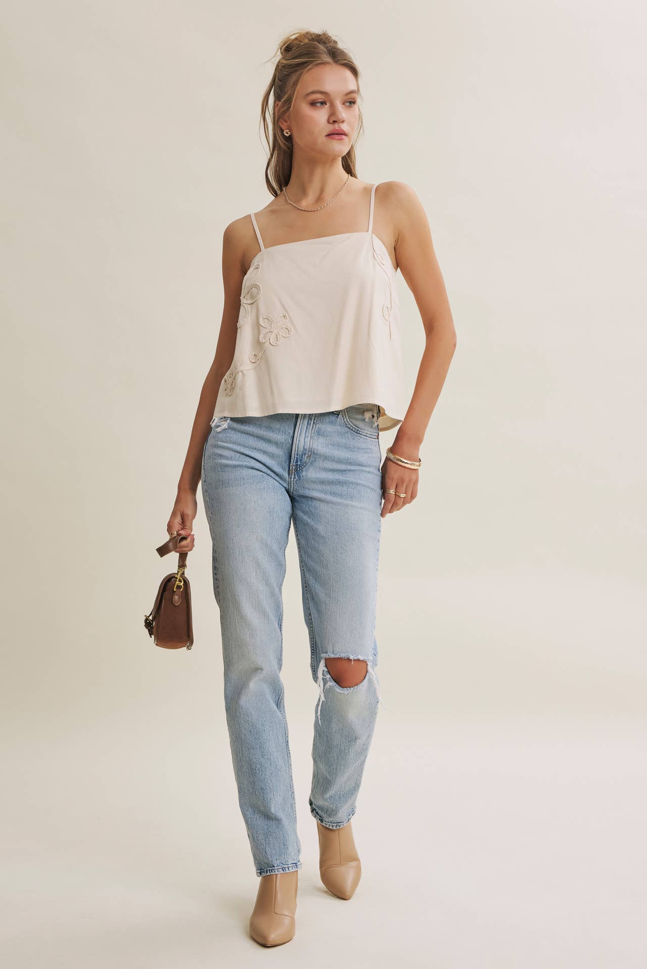Luxury Linen Floral Applique Tank Top