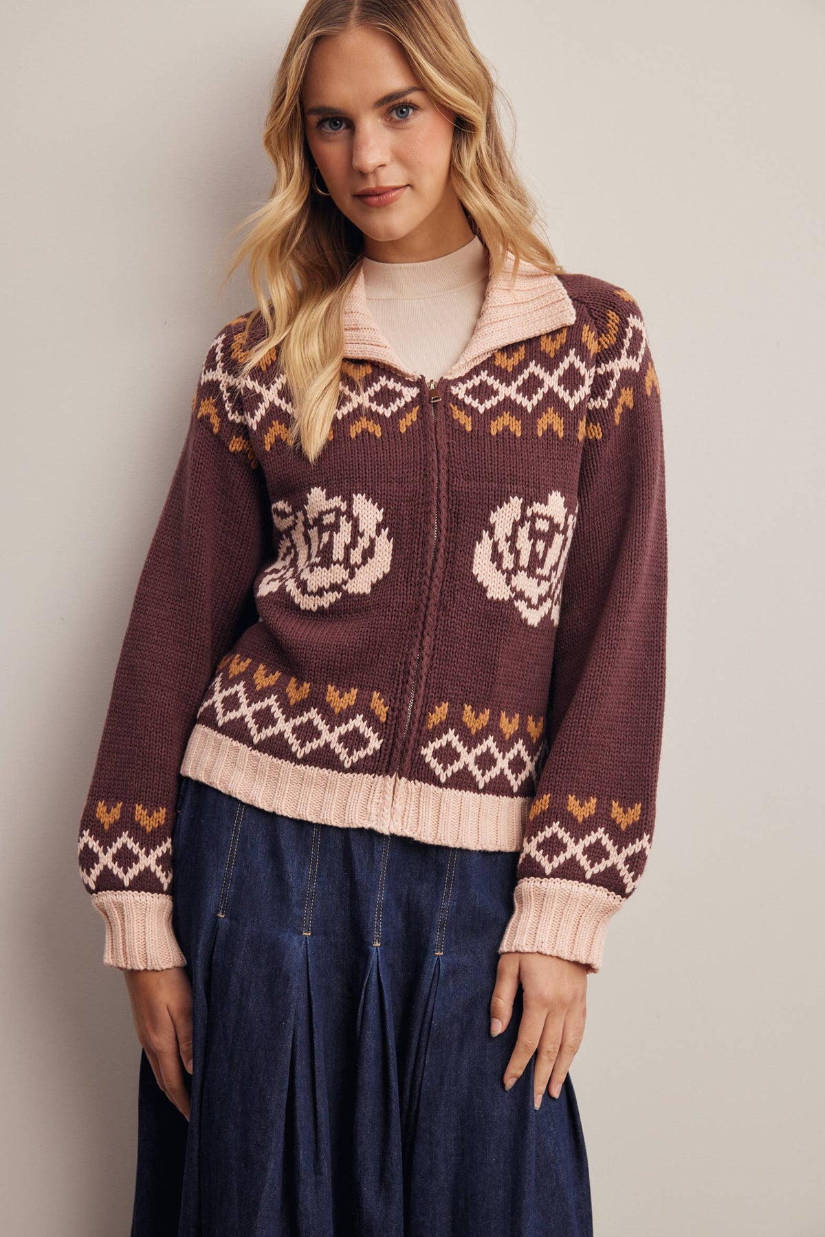 Floral Fair Isle Zip-Up Knit Cardigan
