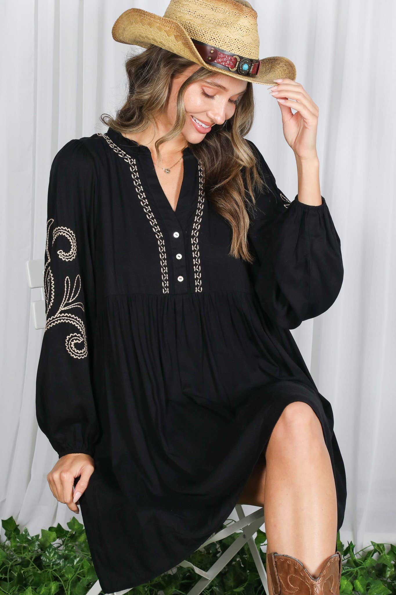 Paisley Embroidered V-Neck Baby Doll Dress