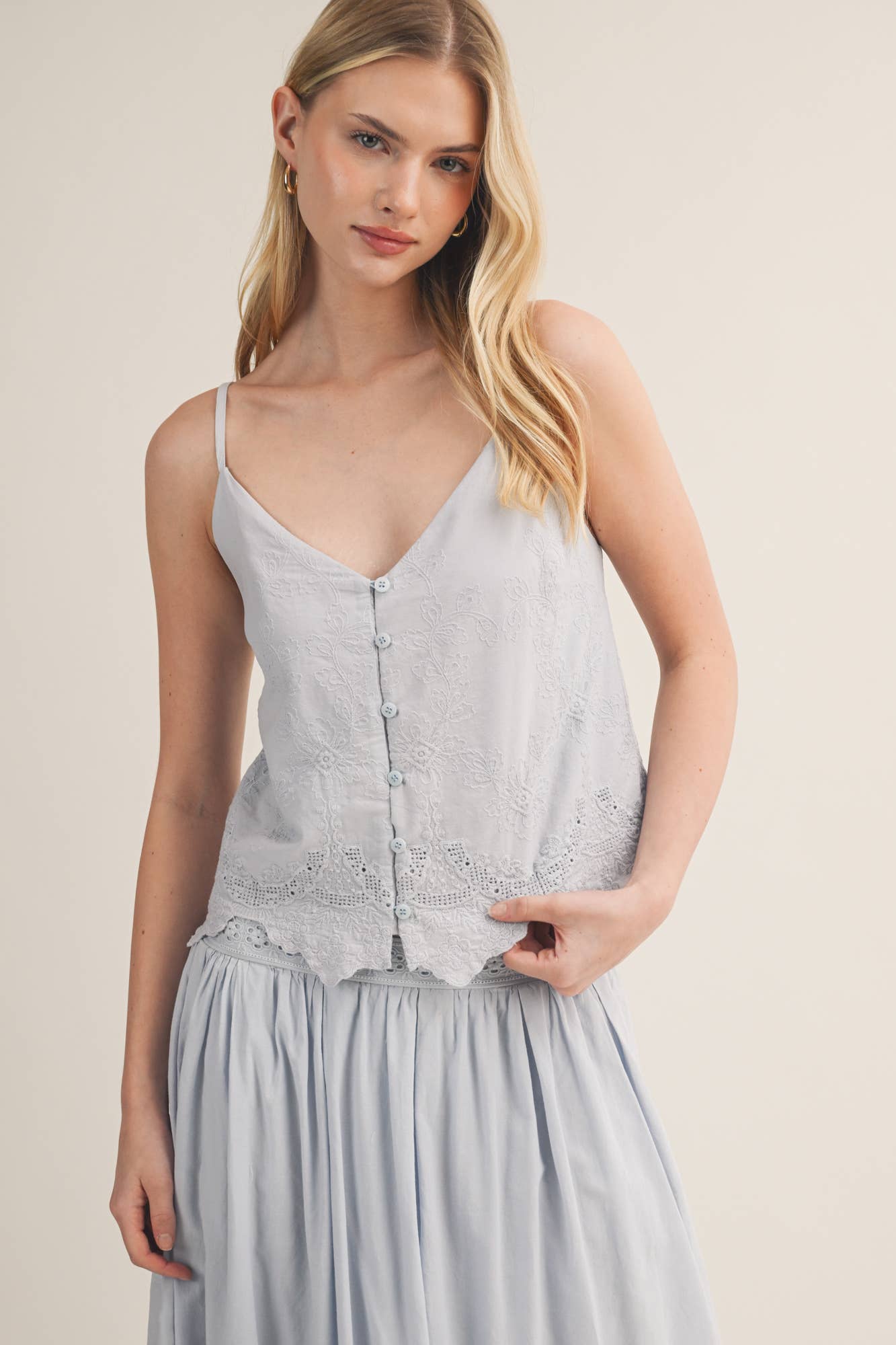 V-Neck Eyelet Embroidered Button Camisole