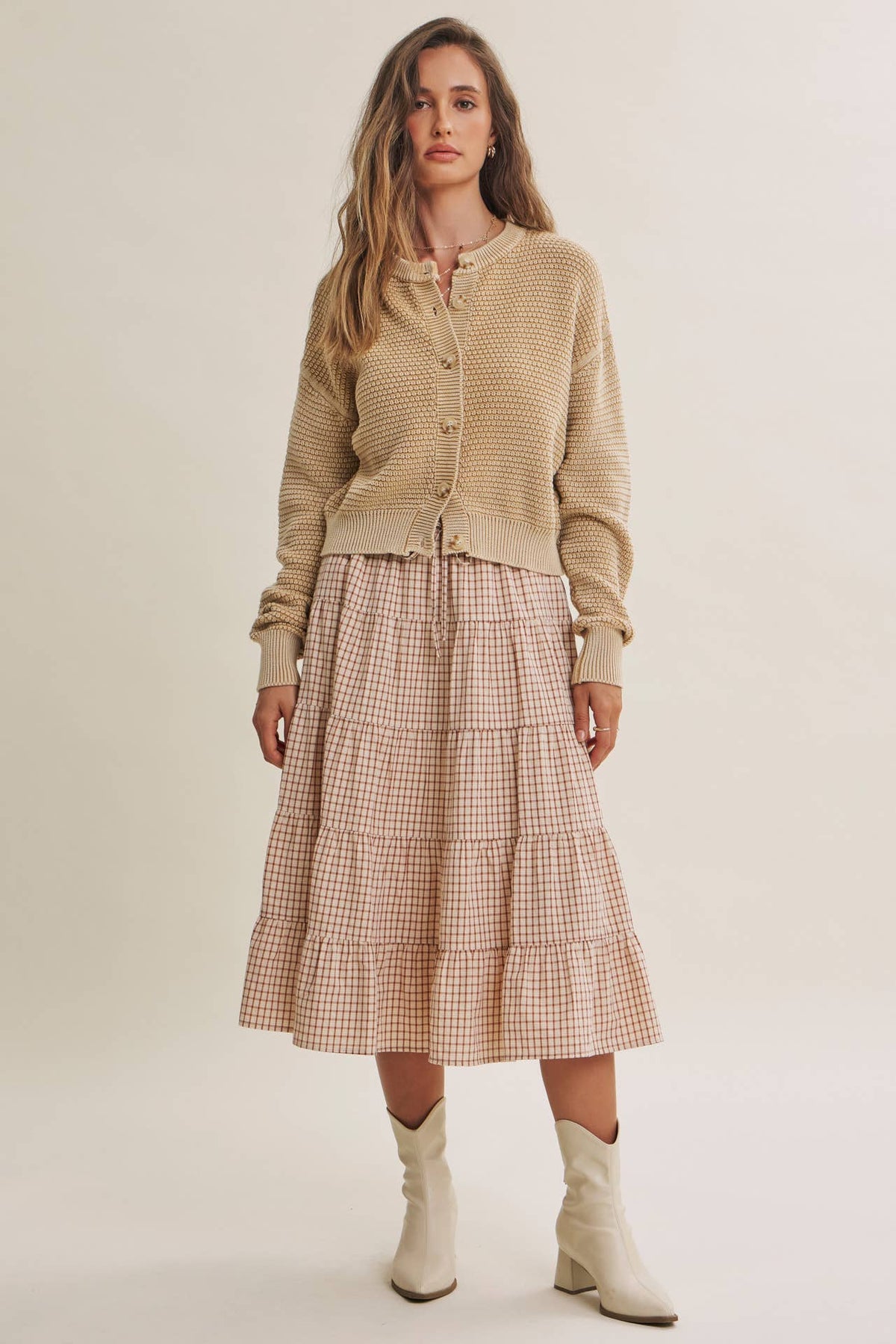 Cream Mineral Washed Waffle Cardigan