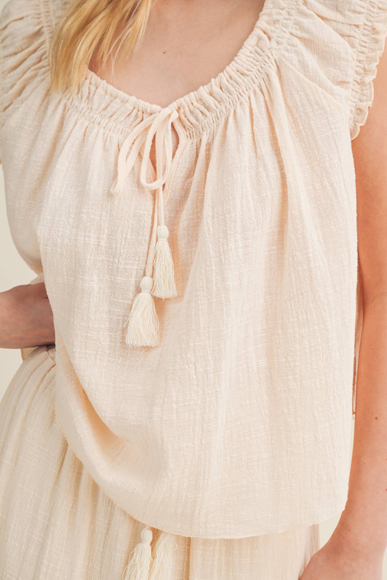 Gathered Tassel Tie Ruffle Sleeve Top