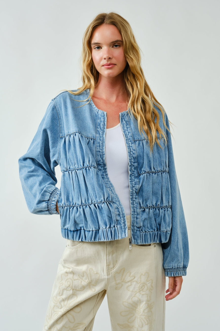 Ruched Seam Denim Bomber Jacket