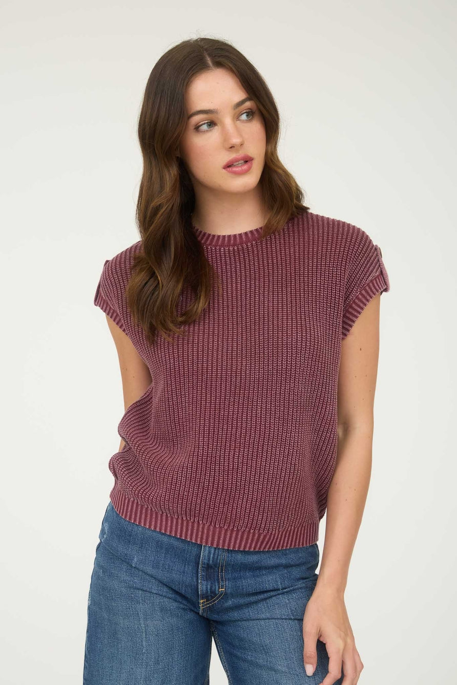 Burgundy Washed Short Sleeve Sweater Top