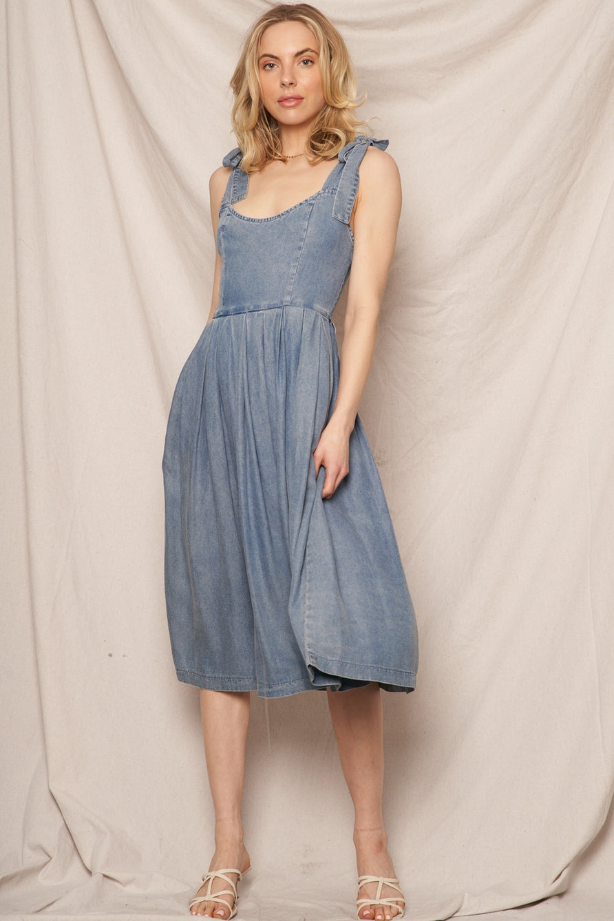 Shoulder Tie Denim Midi Dress