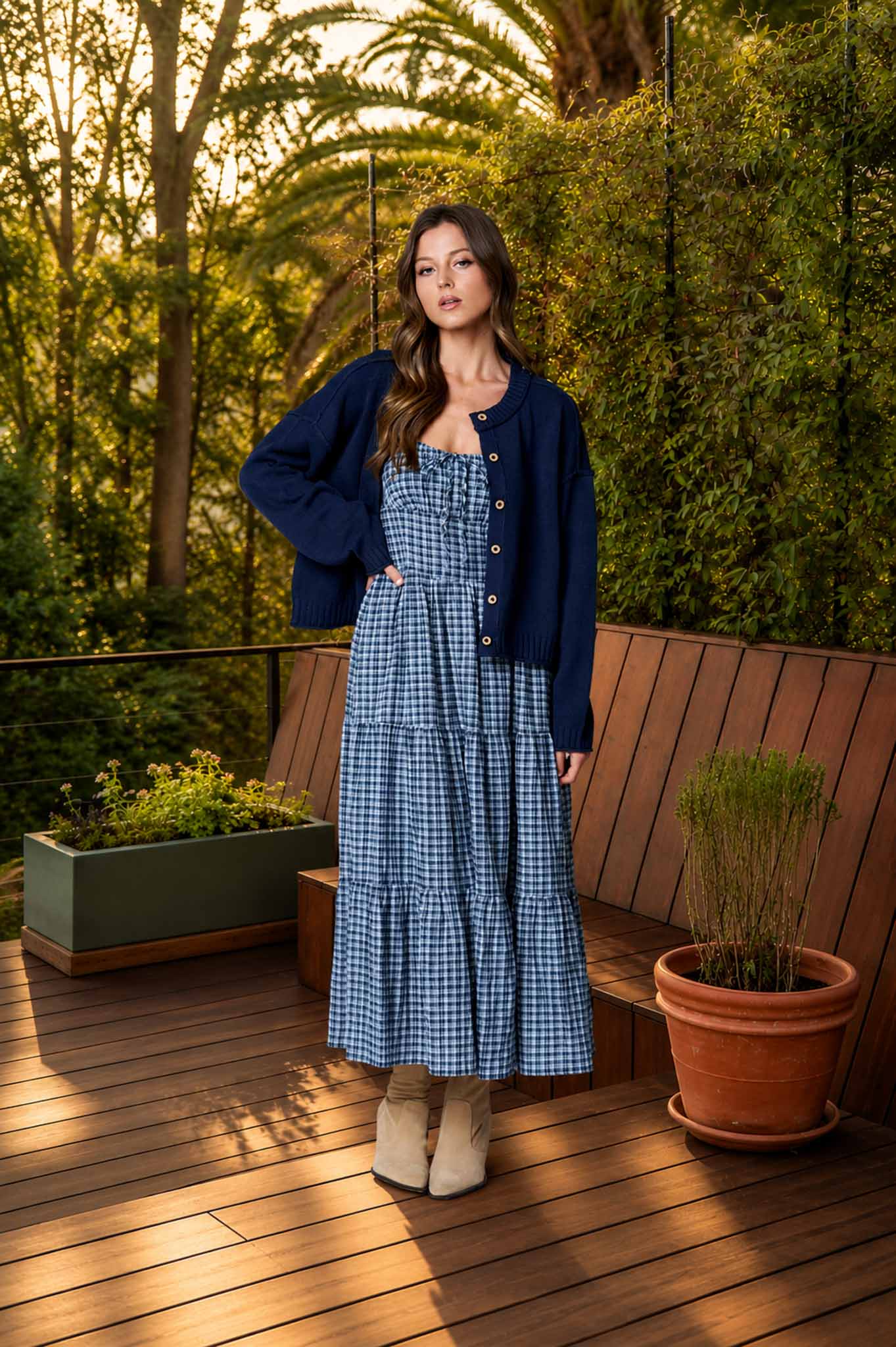 Navy Plaid Corset Tiered Midi Dress