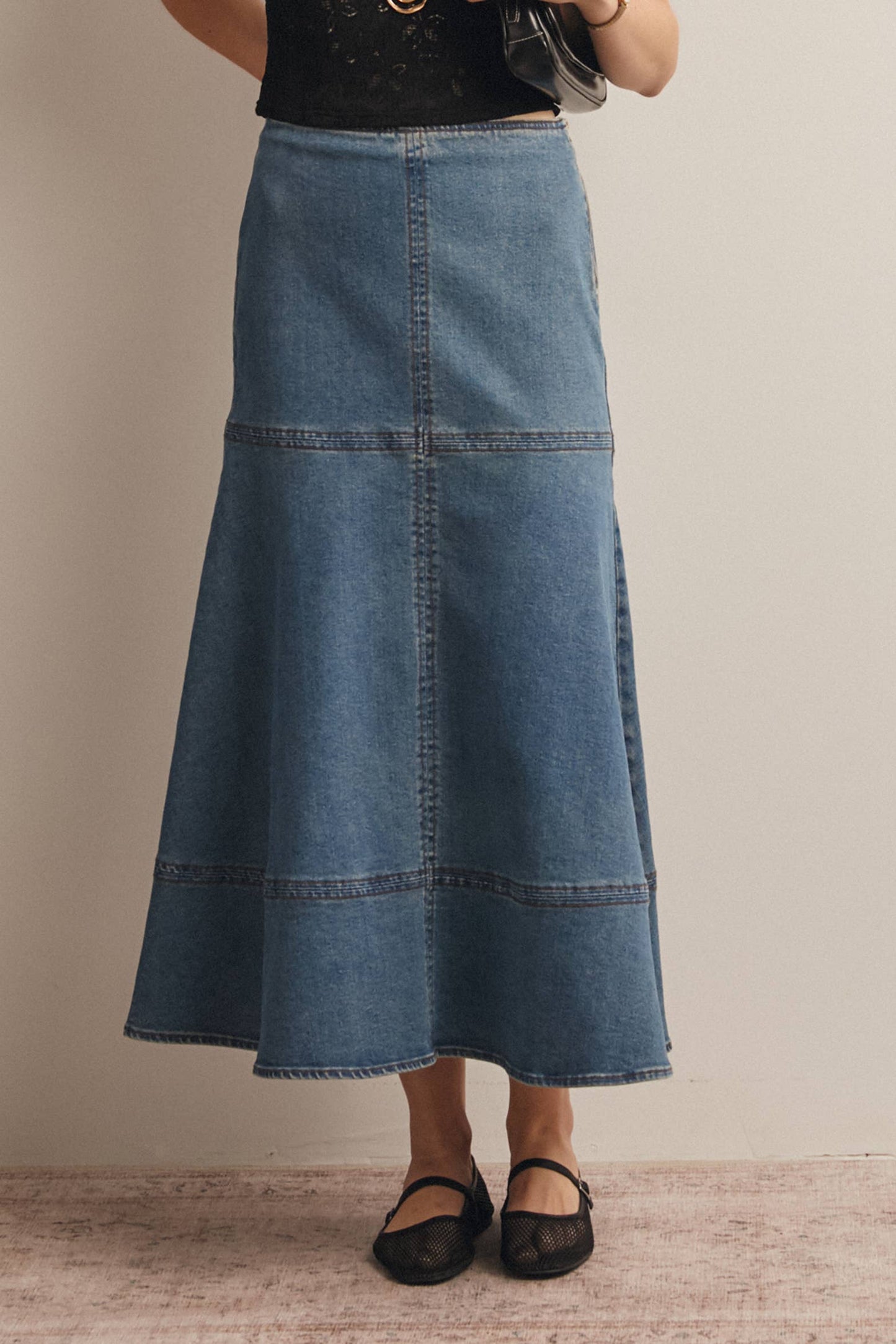 Panel Seam A-Line Denim Maxi Skirt