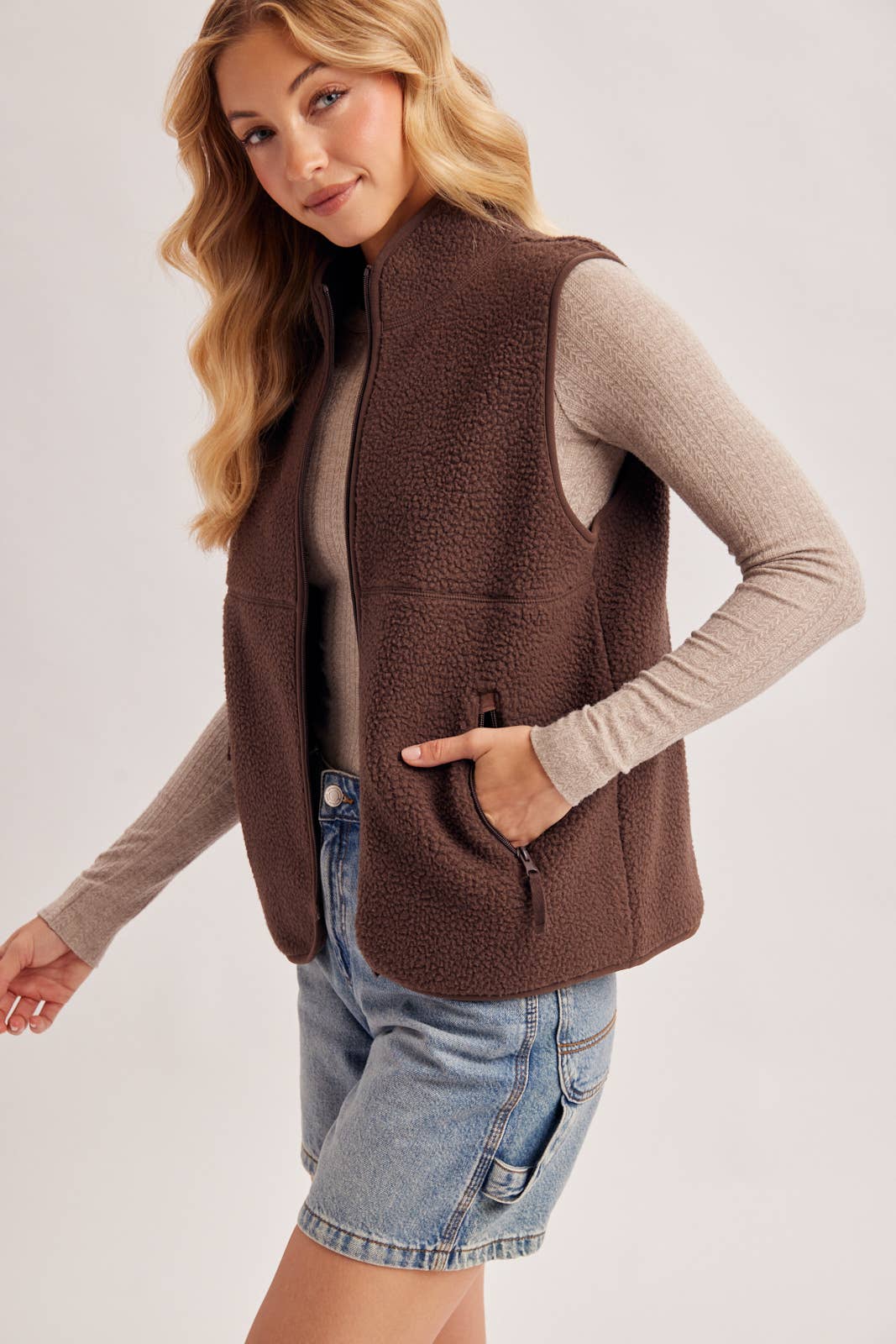 Sherpa Fleece Zipper Fron Opening, Mock Neck Vest