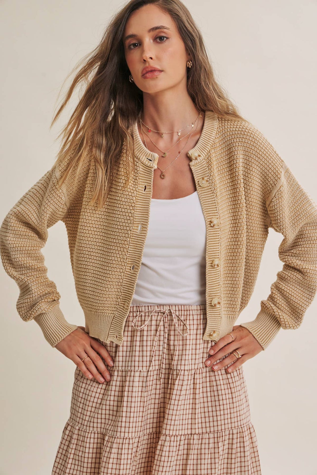 Cream Mineral Washed Waffle Cardigan