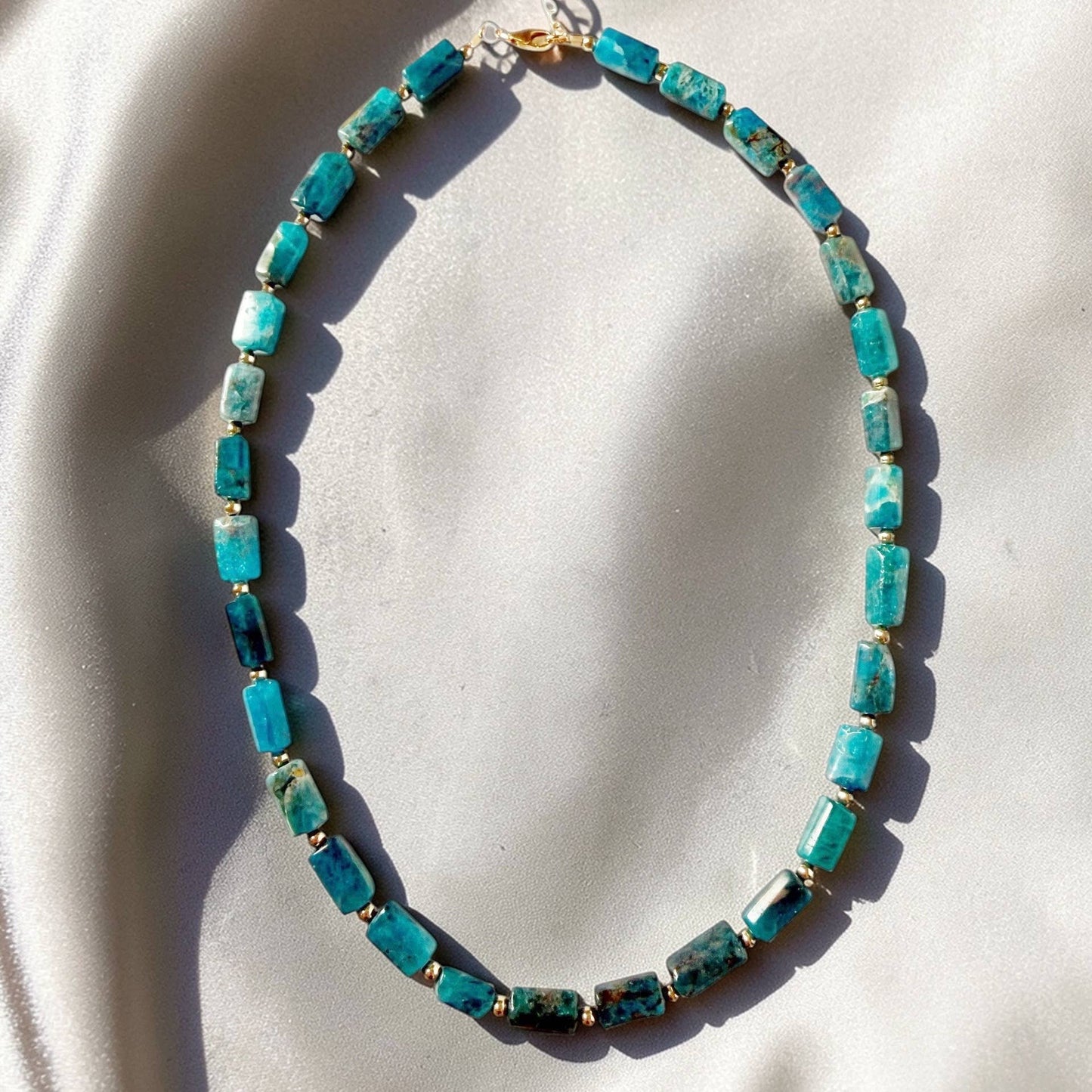 Pacific Blue Apatite Gemstone Beaded Necklace Gold Filled