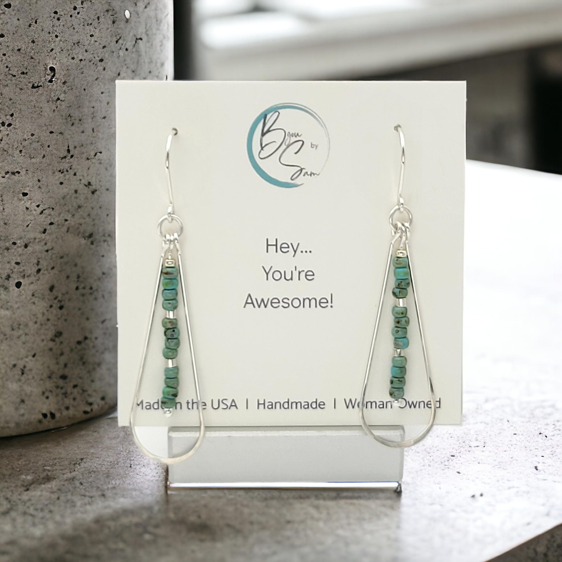 Long Silver Teardrop Hoop Earrings with Turquoise Beads 