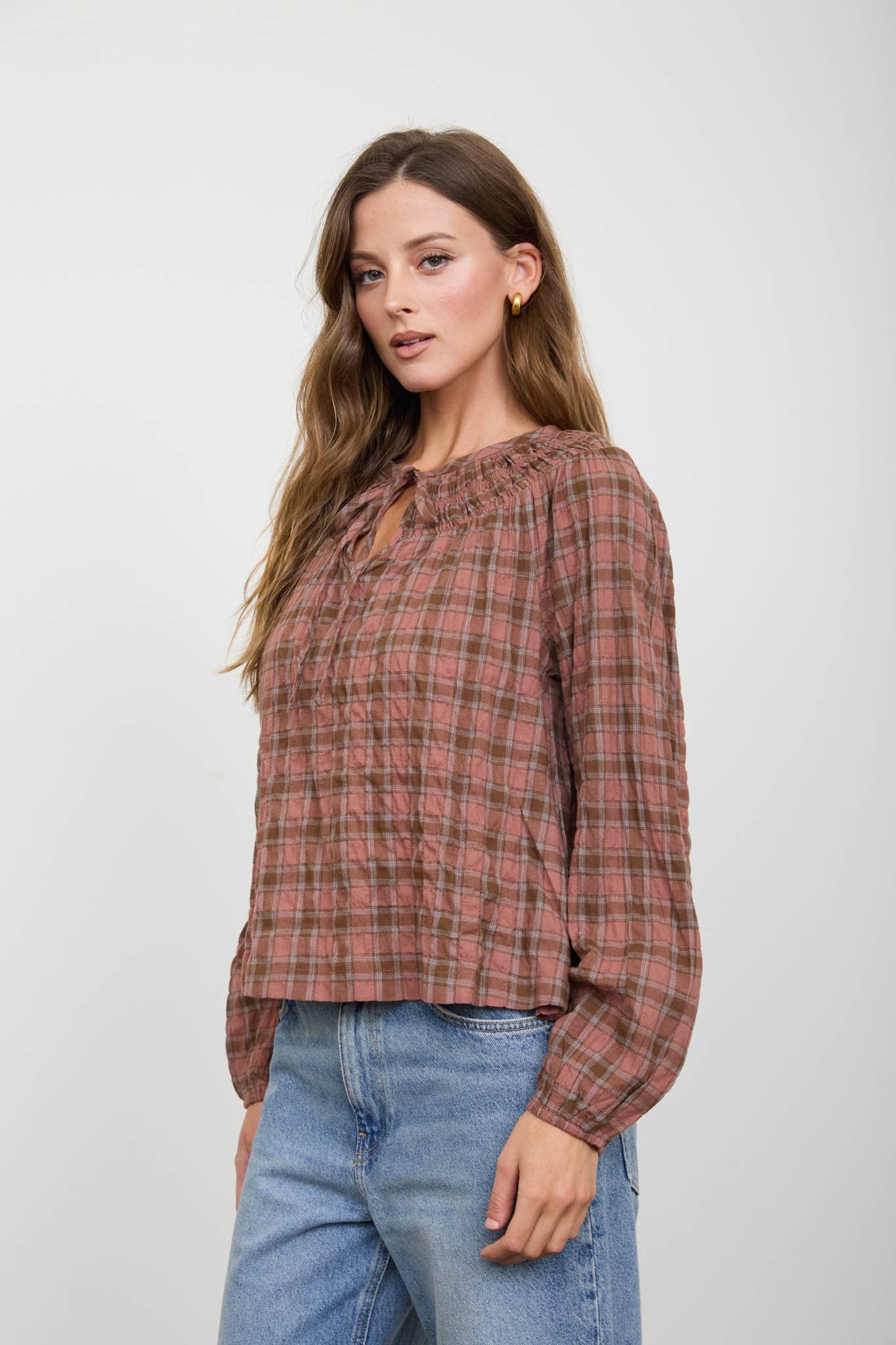 Plaid Shirred Yoke Long Sleeve Top