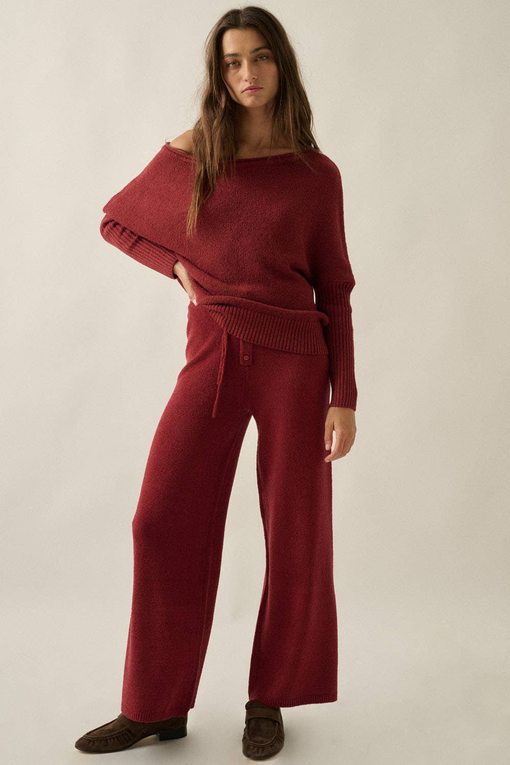 Textured Knit One-Shoulder Boatneck Dolman Sweater