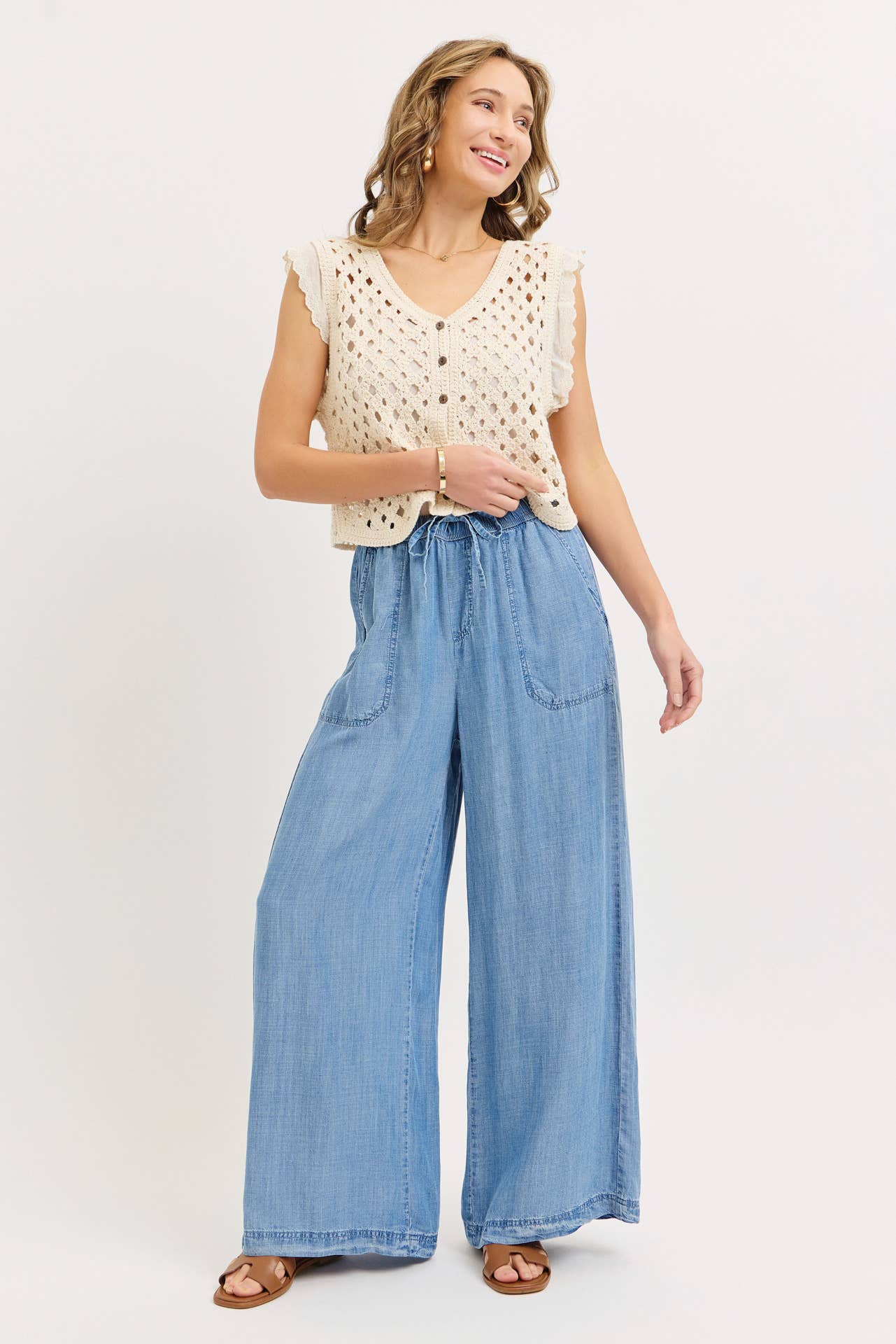 Chambray Wide Leg Classic Pants