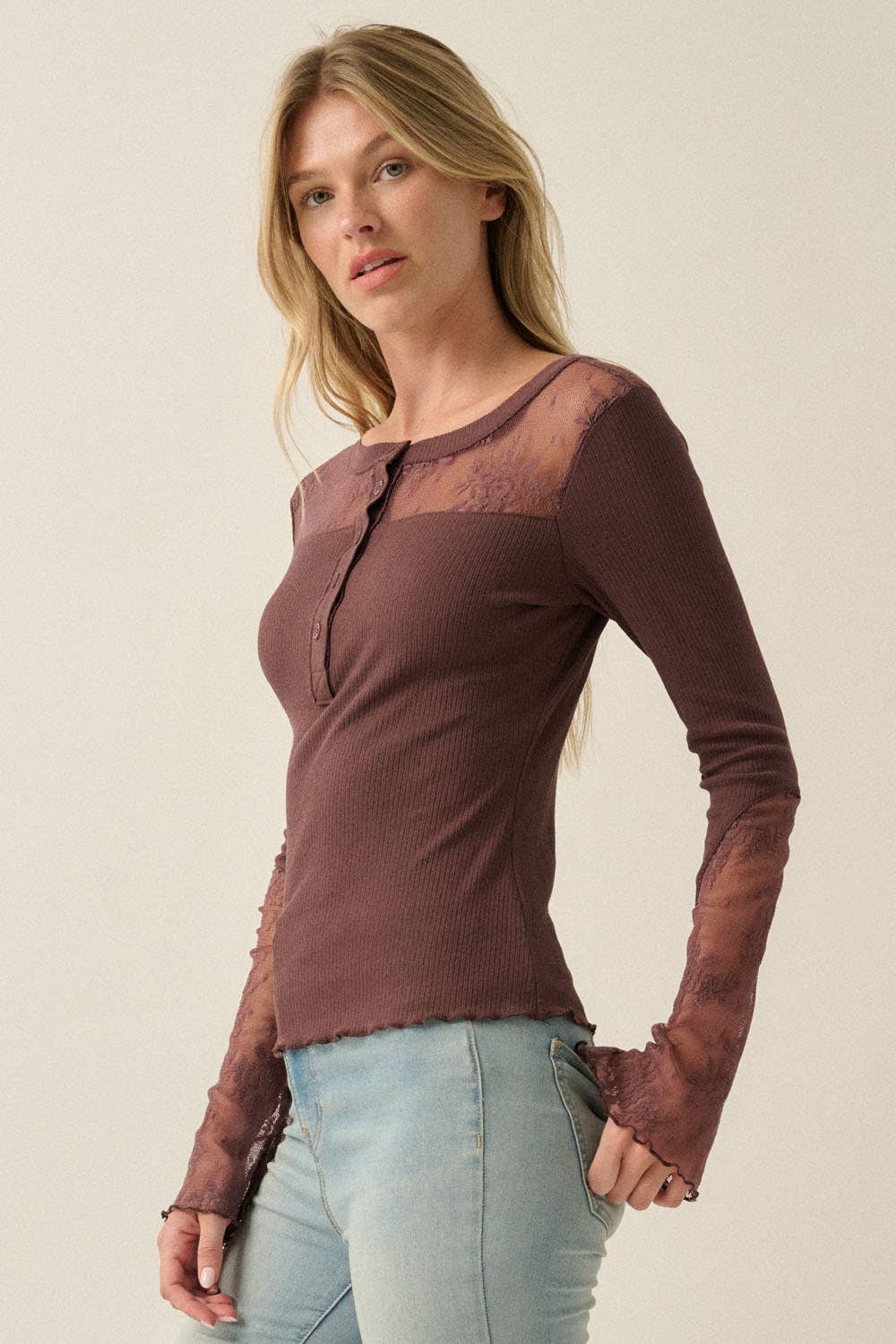 Ribbed Knit and Lace Long-Sleeve Split-Cuff Henley Top: Chocolate