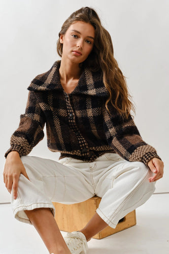 Plaid Button Up Cropped Coat Mustard Seed